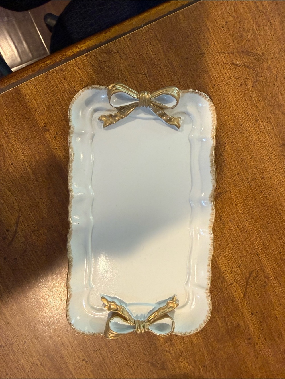 White Ceramic Trinket Tray with Gold Bow Accents